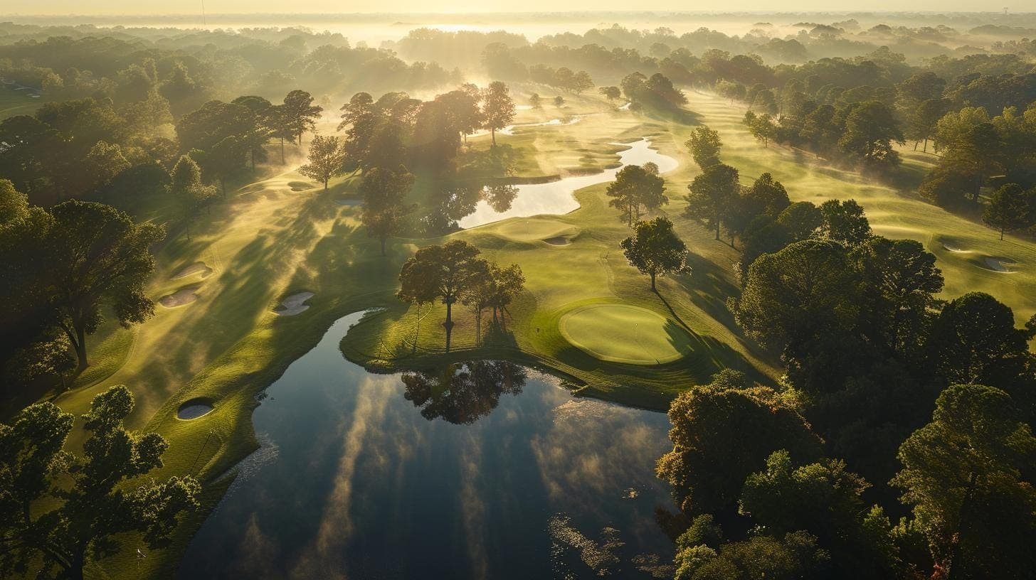Misty golf green and pond at sunrise, with fairway, bunkers, and morning light through the trees