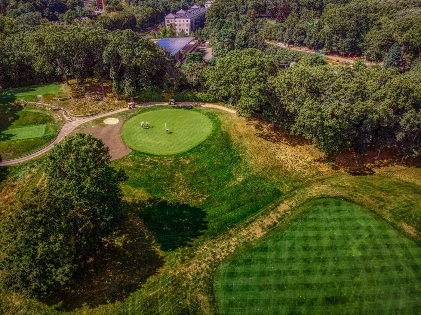 Aerial view of golfers on a putting green surrounded by trees